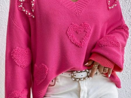 Adèle – Pull rose vif avec col en V, perles et détails en forme de cœur moelleux For Cheap