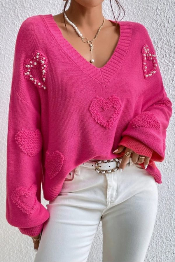 Adèle – Pull rose vif avec col en V, perles et détails en forme de cœur moelleux For Cheap