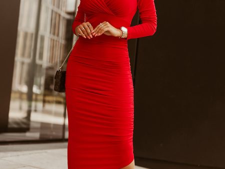 Élodie – Robe moulante rouge vif avec manches longues, volants et col en V Online Sale