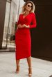 Élodie – Robe moulante rouge vif avec manches longues, volants et col en V Online Sale