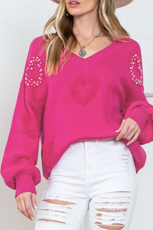 Adèle – Pull rose vif avec col en V, perles et détails en forme de cœur moelleux For Cheap