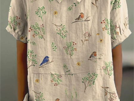 Clémence – Chemise décontractée pour femmes avec imprimé oiseaux et branches, élégante et unique Online Sale