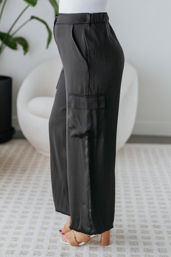 Adara Satin Cargo Pants - Black Sale