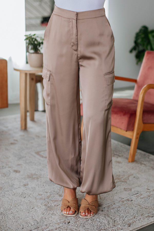 Adara Satin Cargo Pants - Taupe Online Hot Sale