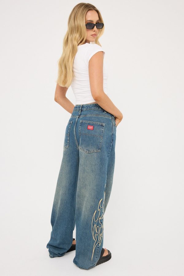 Worship At Peace Big Baggy Jean Dirty Mid Blue Online Sale