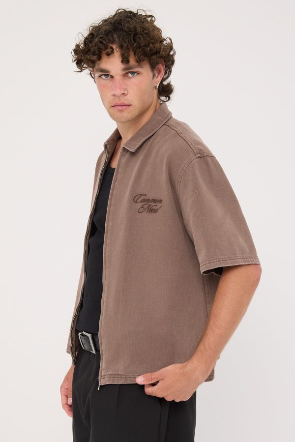 Common Need Dustin Zip Standard Boxy Shirt Washed Brown For Sale