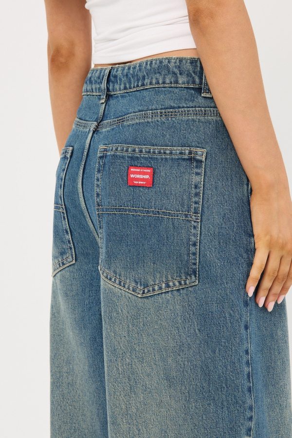 Worship At Peace Big Baggy Jean Dirty Mid Blue Online Sale