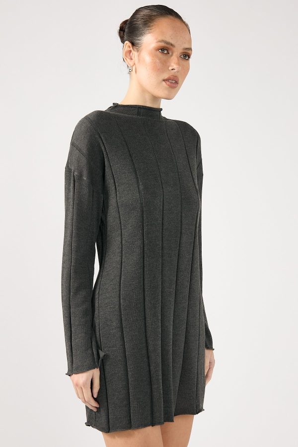 Perfect Stranger Cassava Rib Long Sleeve Knit Dress Charcoal Fashion