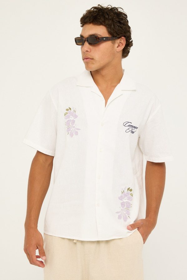 Common Need Magnolia Embroidered Linen Resort Shirt White For Discount