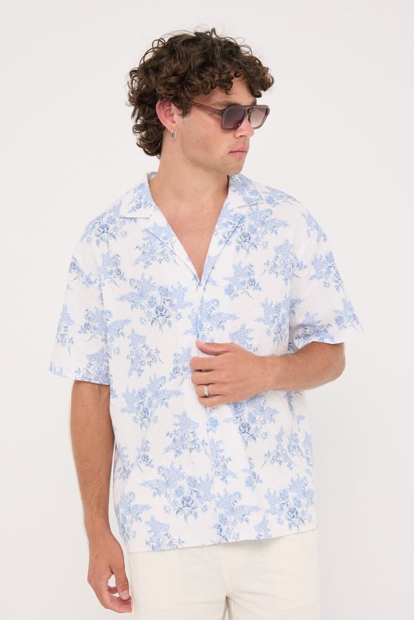 Common Need Serene Linen Resort Shirt White Blue Online