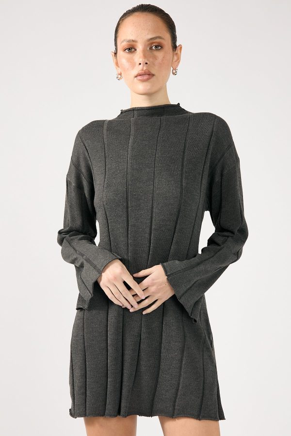 Perfect Stranger Cassava Rib Long Sleeve Knit Dress Charcoal Fashion