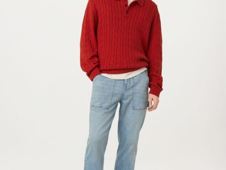 The Cable Knit Polo Sweater in Red For Sale