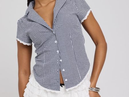 Luck & Trouble Frankie Cap Sleeve Blouse Navy Gingham Discount