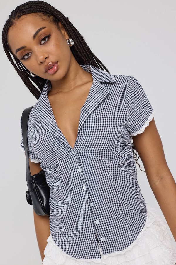 Luck & Trouble Frankie Cap Sleeve Blouse Navy Gingham Discount