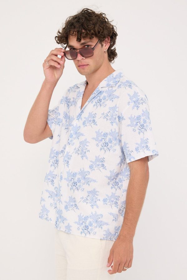 Common Need Serene Linen Resort Shirt White Blue Online