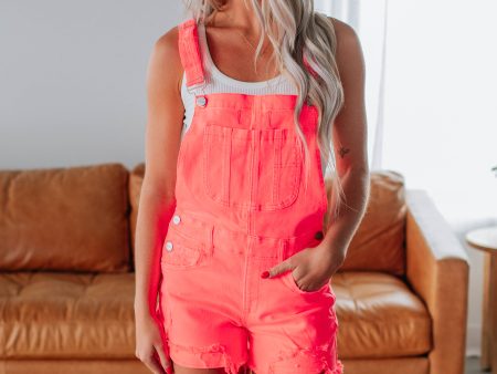 Monroe Risen Short Overalls - Neon Coral For Sale