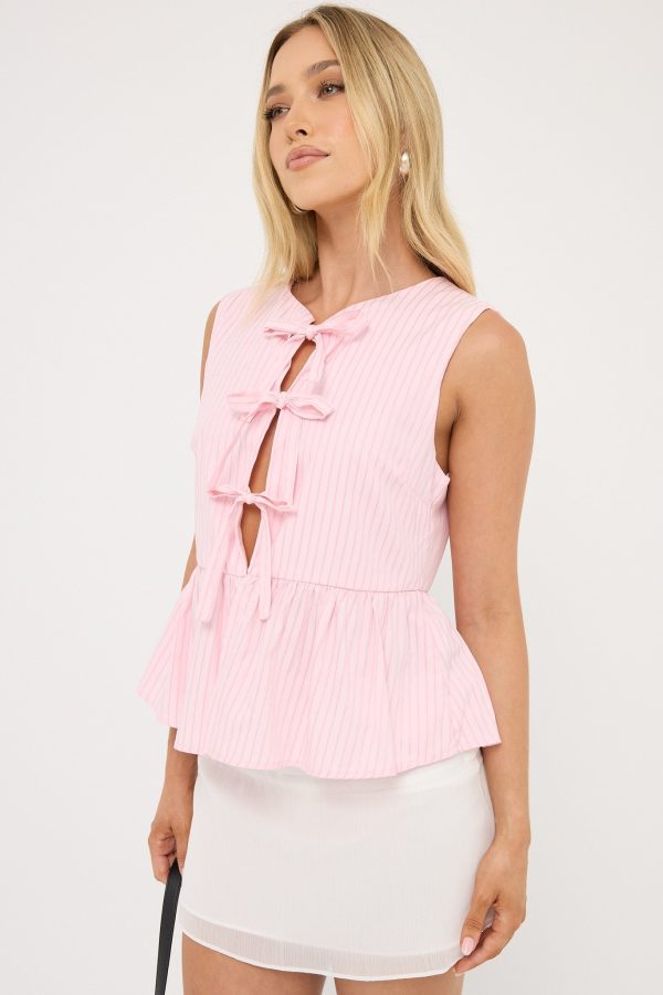 Perfect Stranger Amos Stripe Tie Front Top Pink Stripe Discount