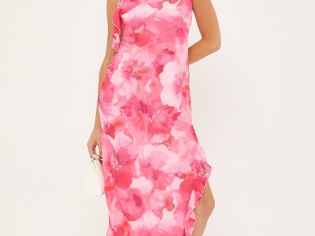 Perfect Stranger Moondance Chiffon Ruffle Maxi Dress Pink Print Online now