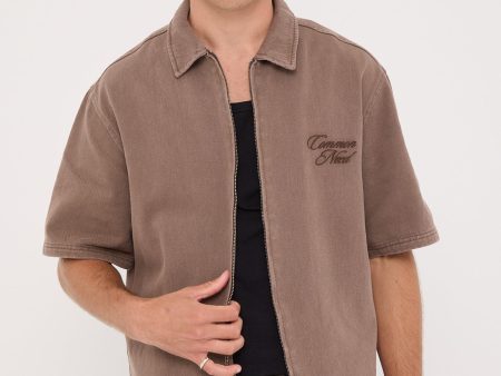 Common Need Dustin Zip Standard Boxy Shirt Washed Brown For Sale