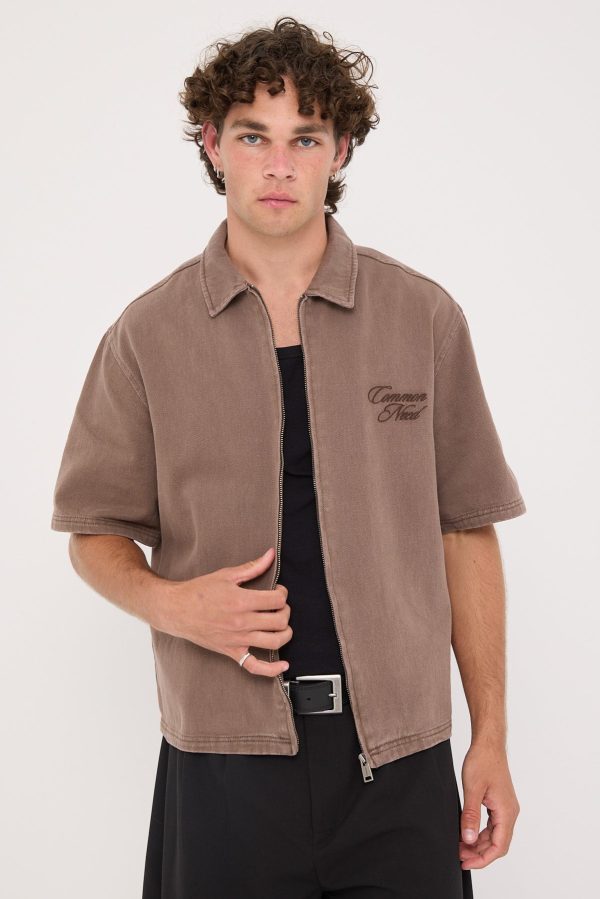 Common Need Dustin Zip Standard Boxy Shirt Washed Brown For Sale