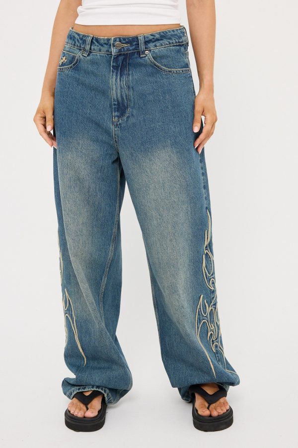 Worship At Peace Big Baggy Jean Dirty Mid Blue Online Sale