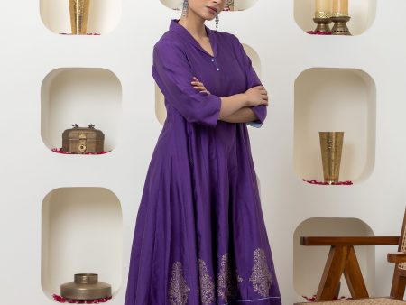 Purple hand block printed anarkali set For Cheap