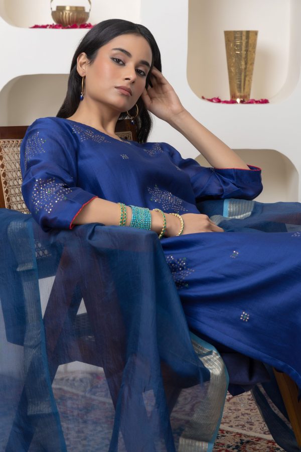 Navy blue hand embroidered chanderi kurta set Cheap