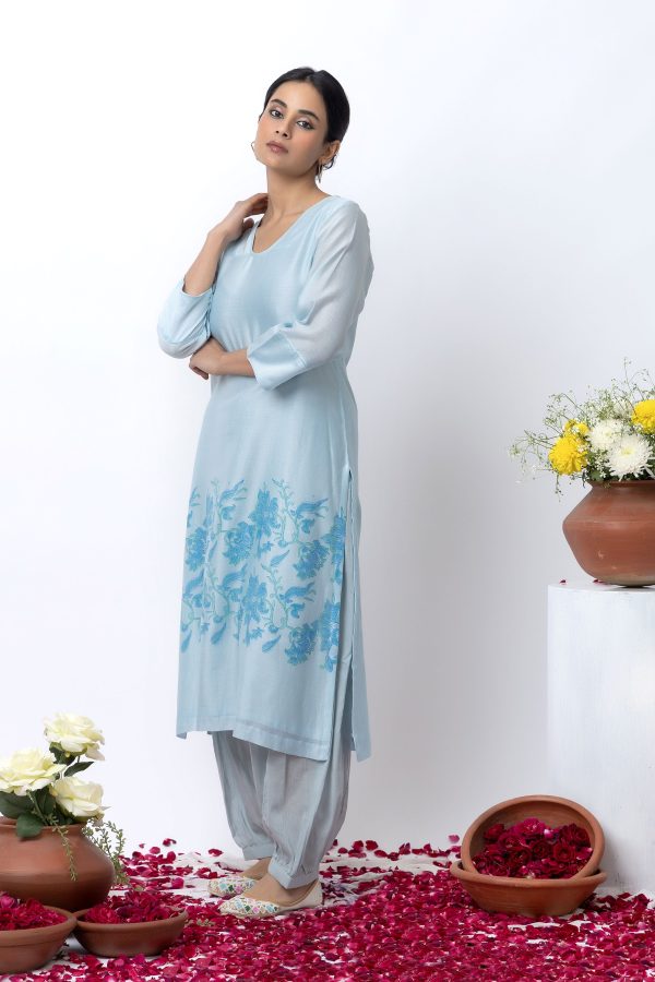 SKY BLUE BLOCK PRINTED KURTA SET Hot on Sale