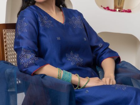 Navy blue hand embroidered chanderi kurta set Cheap