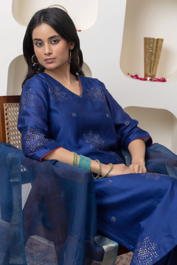 Navy blue hand embroidered chanderi kurta set Cheap