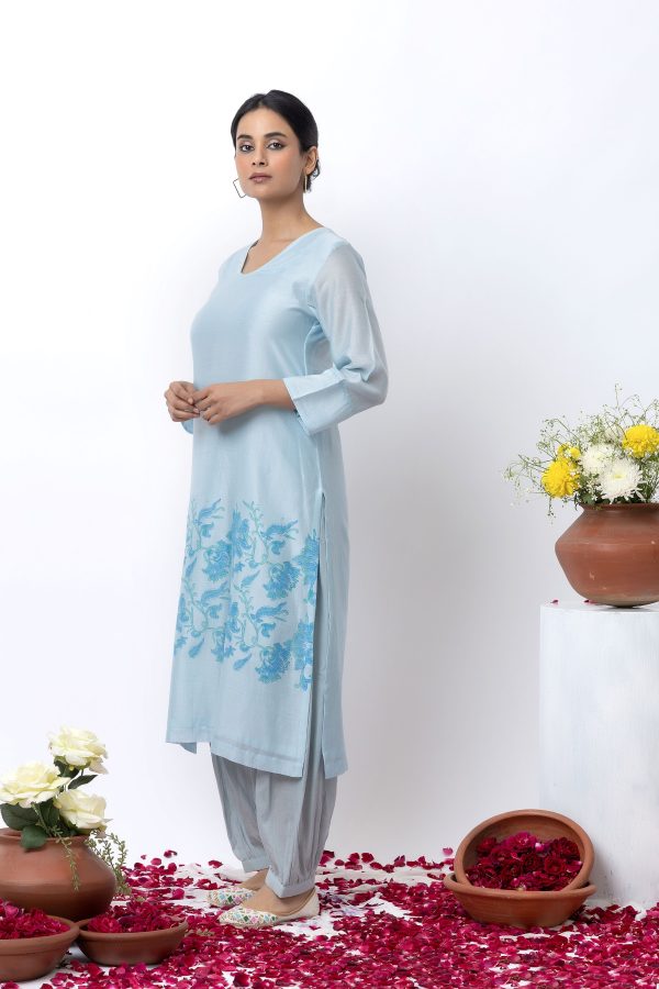 SKY BLUE BLOCK PRINTED KURTA SET Hot on Sale