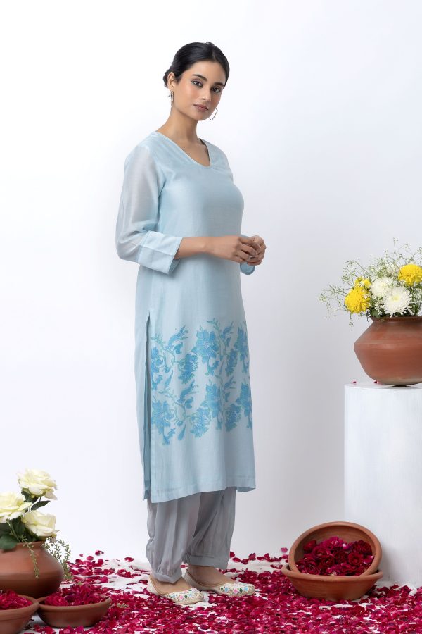 SKY BLUE BLOCK PRINTED KURTA SET Hot on Sale