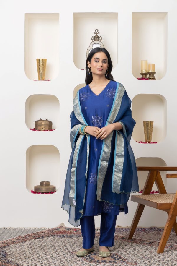 Navy blue hand embroidered chanderi kurta set Cheap