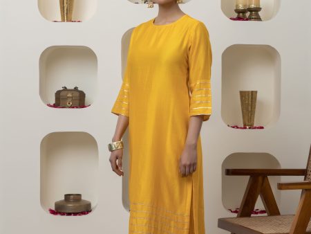 YELLOW CHANDERI GOTA WORK KURTA SET Discount