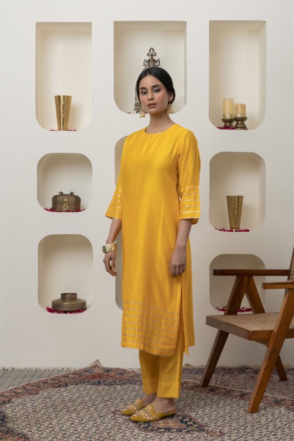 YELLOW CHANDERI GOTA WORK KURTA SET Discount