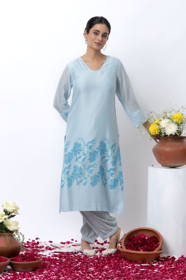 SKY BLUE BLOCK PRINTED KURTA SET Hot on Sale