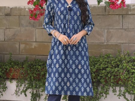 Indigo Floral Dabu Print Kurta-Pant Set Hot on Sale