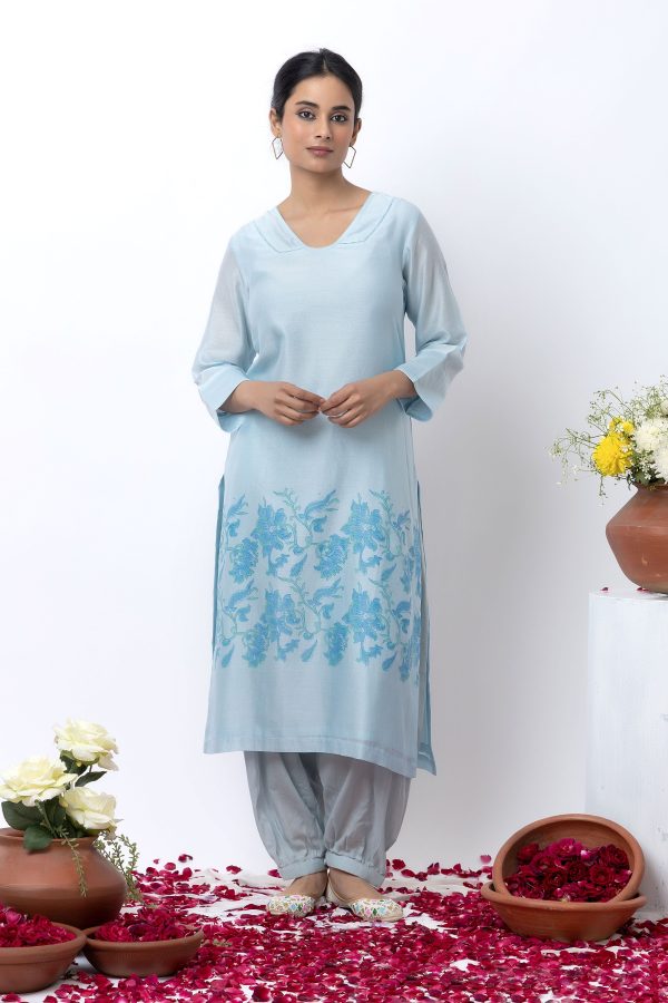 SKY BLUE BLOCK PRINTED KURTA SET Hot on Sale