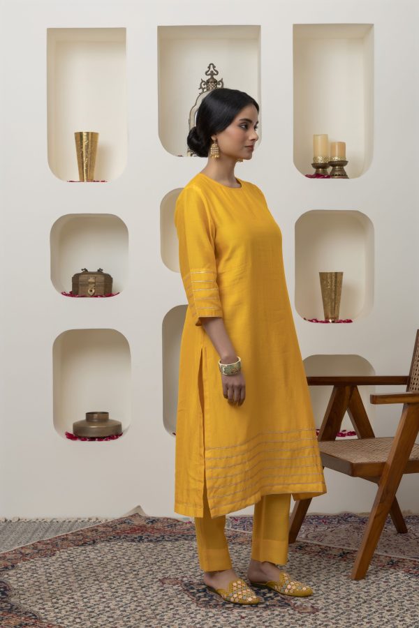 YELLOW CHANDERI GOTA WORK KURTA SET Discount