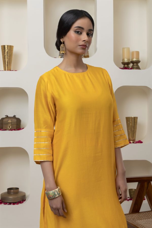 YELLOW CHANDERI GOTA WORK KURTA SET Discount