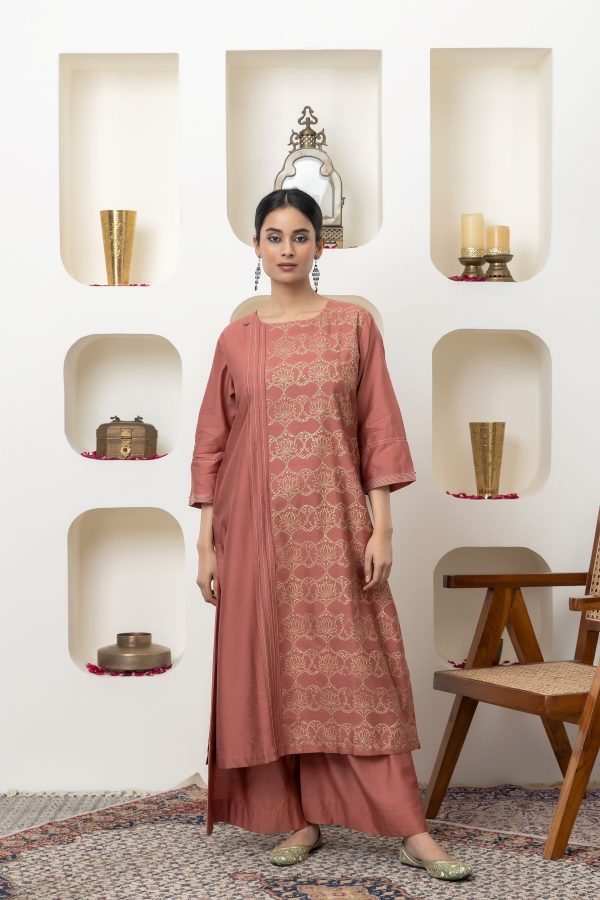 RUST HAND BLOCK PRINTED KURTA SET Cheap