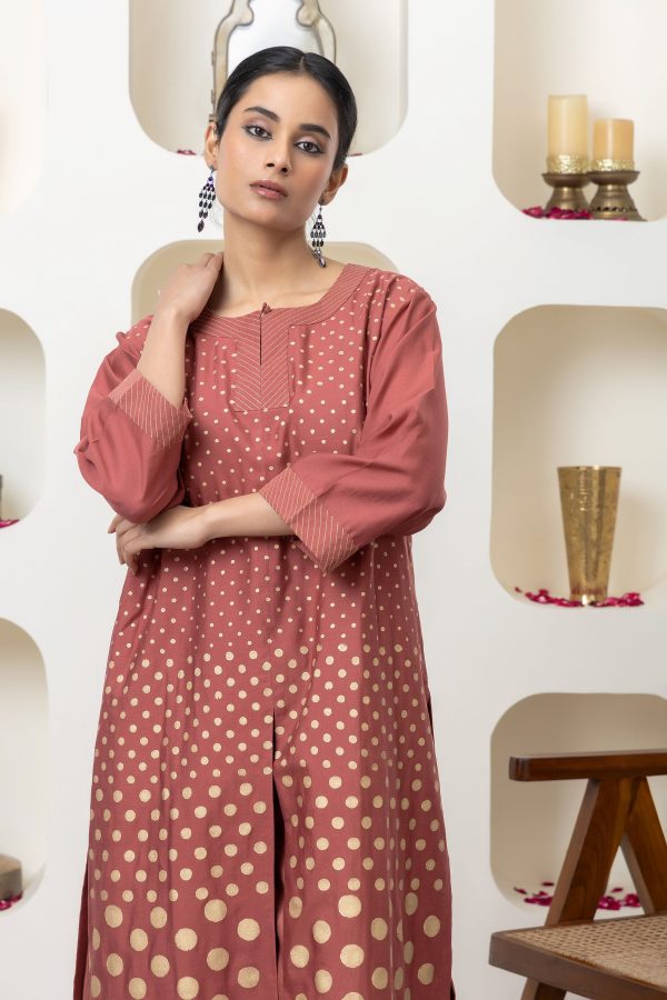 RUST CHANDERI KURTA SET For Sale