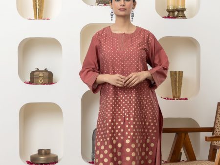 RUST CHANDERI KURTA SET For Sale