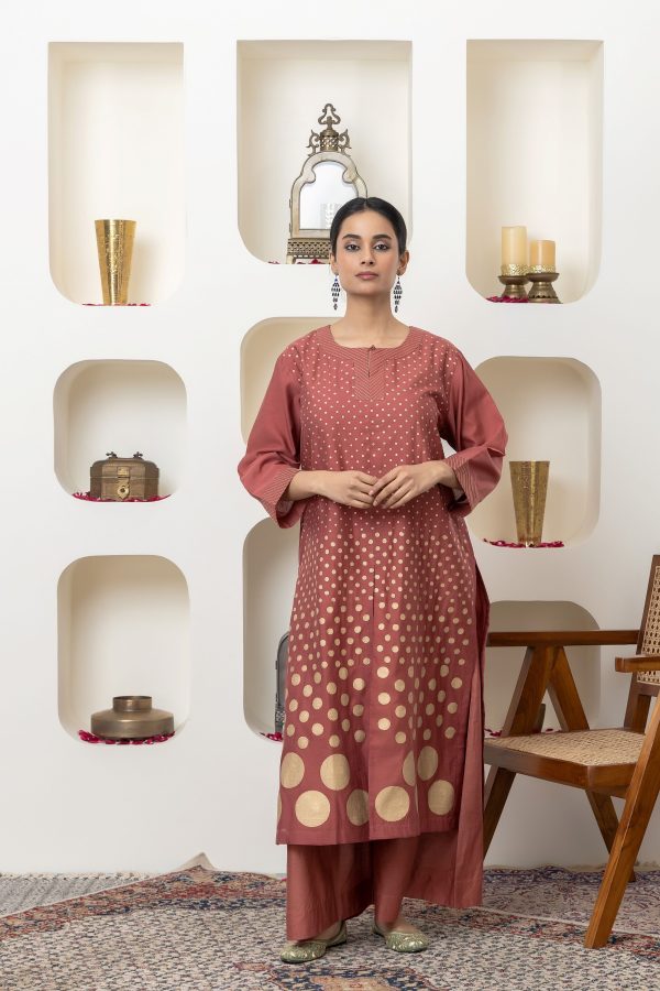 RUST CHANDERI KURTA SET For Sale