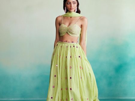 Citrus skirt top set - Lime Hand embroidered Skirt Top & Dupatta set For Sale