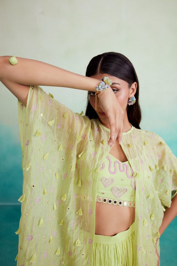 Citra jacket set - Lime Hand embroidered Jacket Crop top & Sharara set For Sale