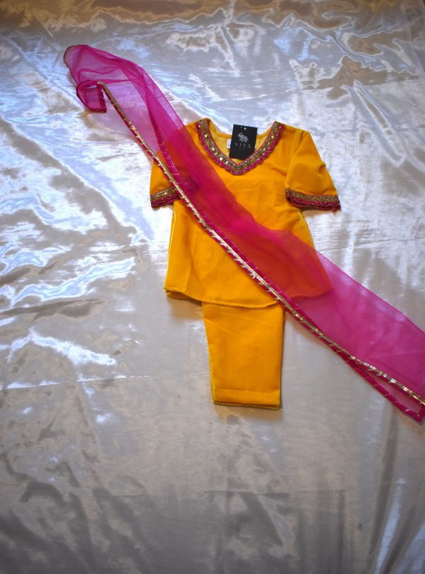 Yellow - girls velvet coord set with pink net dupatta Discount