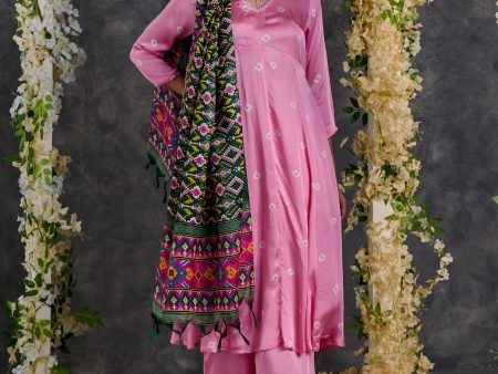 Pink Bandhani A-Line Modal Satin Kurta- Flared Pant Set with Dupatta (Set Of 3) Hot on Sale