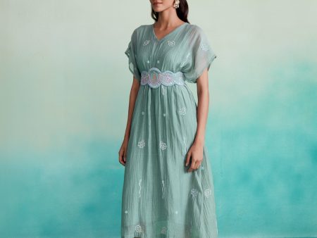 Aquarelle dress - Mint Kaftan Dress with hand embroidered Belt on Sale