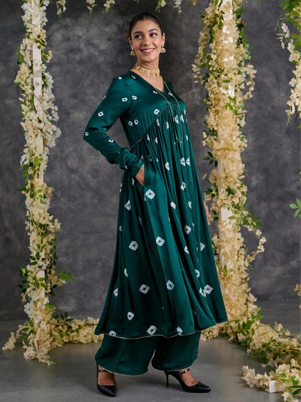 Green Bandhani Anarkali Modal Satin Kurta- Flared Pant Set with Dupatta (Set Of 3) Online Hot Sale